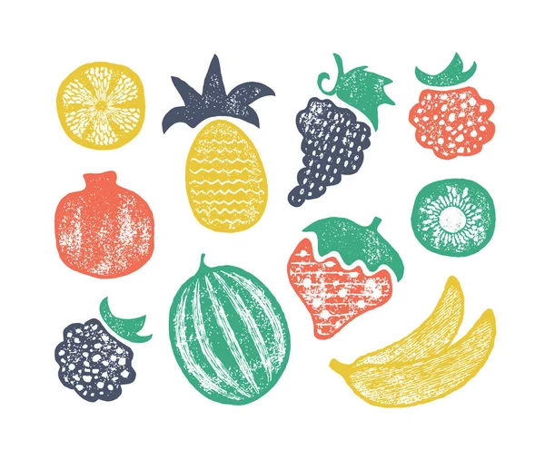 Grunge textured set of isolated fruits' vector illustrations. — Stock Vector