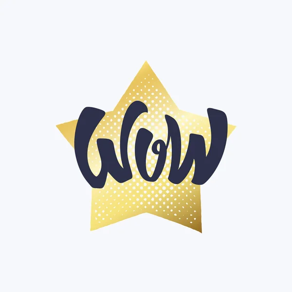 Guldstjärna och handskriven svart ord "wow" bokstäver design. — Stock vektor