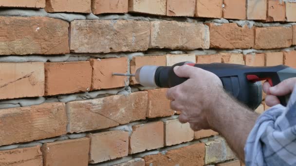 Foro di perforazione in un muro di mattoni con utensile elettrico — Video Stock