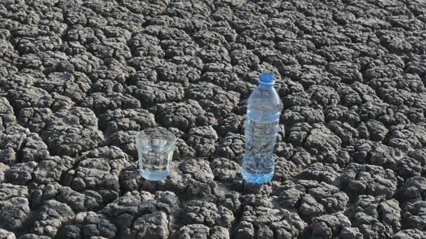 グラスとボトルをオフに乾燥ひび割れ土地で水を飲む — ストック動画