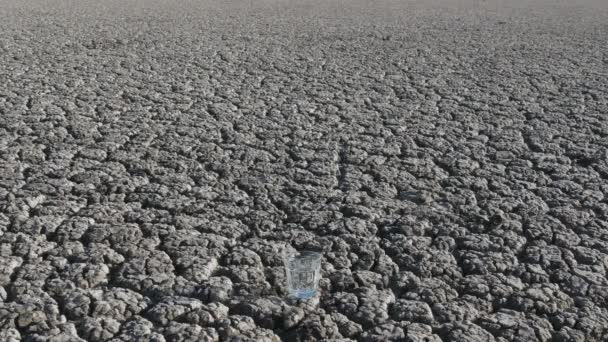 Homme Marchant Sur Terre Craquelée Sèche Ramasser Verre Avec Eau — Video