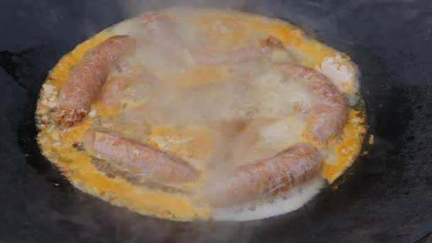 Pork Sausage Roasting Pot Traditional Food Preparing — Stock Video