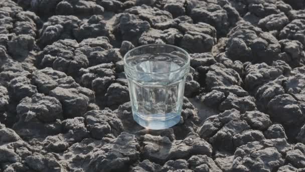 Glas Met Helder Drinking Water Droge Gebarsten Land Zoom Beelden — Stockvideo