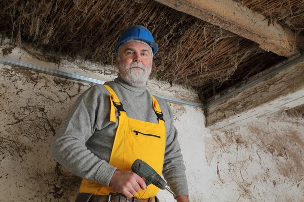 Old Barn Renovation Worker Screwdriver Hand — Stock Photo, Image