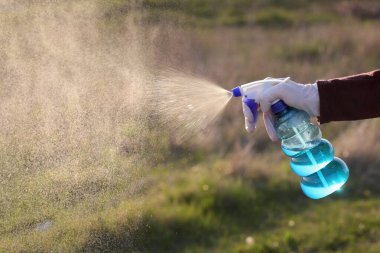 İnsan eli eldivenle sprey şişesinden antibakteriyel veya temizlik solüsyonu püskürtüyor.
