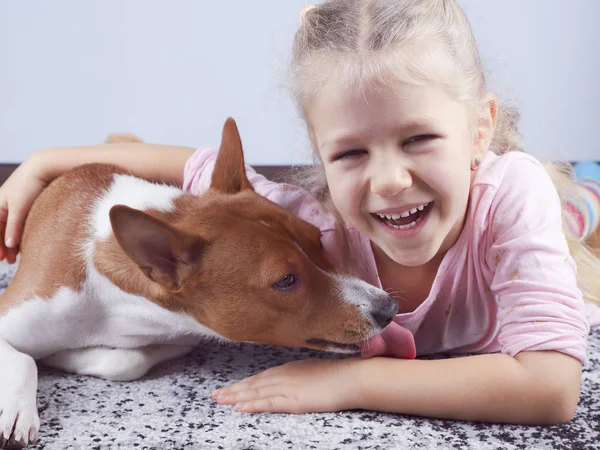 Een hond likt de hand van een meisje. — Stockfoto