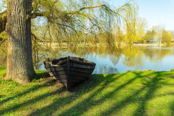 Viejo barco de madera desgastado en tierra bajo un árbol cerca de un pequeño estanque con — Foto de Stock