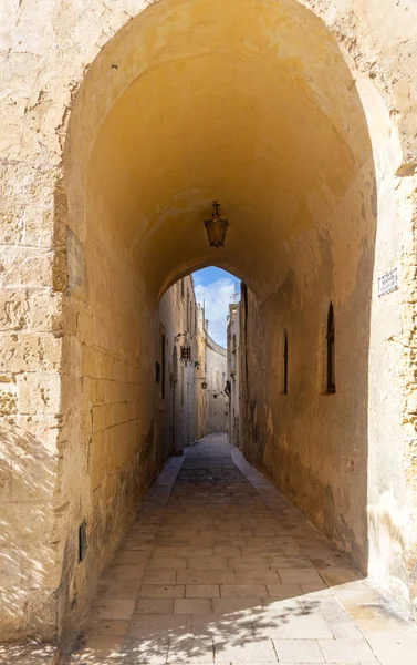 在Mdina的一条狭窄的小街的门口 — 图库照片