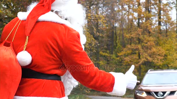 背面的圣诞老人在路上搭便车在森林 50 fps — 图库视频影像