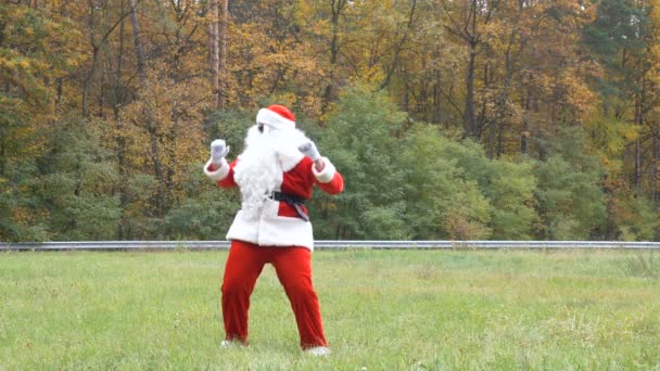 Санта-Клауса танцює на траві. Ліс у фоновому режимі. 50 кадрів в секунду — стокове відео