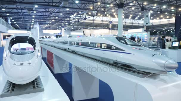 KYIV, UKRAINE - OCTOBER 21, 2017 High-speed train models stand at the exhibition — Stock Video
