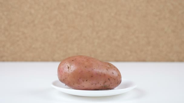 Cantitatea de calorii din cartofi, mâna masculină pune o farfurie cu numărul de calorii pe un cartof — Videoclip de stoc