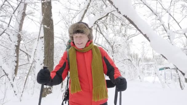 Anciano caucásico sonriente con bastones de senderismo camina a través de un bosque cubierto de nieve. Grabación de video de retrato. Grueso matorral denso de árboles en el bosque cubierto de nieve. Caminata y concepto de viaje 60 fps . — Vídeo de stock