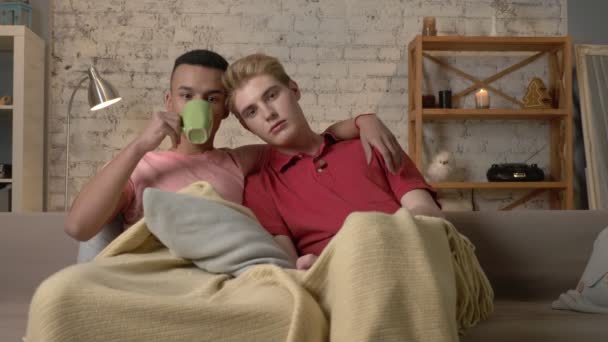 Multinationella homosexuella par sitter på soffan med en varm filt, titta på Tv, använda fjärrkontrollen, titta på kameran. Homeliness, romantisk kväll, kramar, glad hbt-familjen koncept. 60 fps — Stockvideo