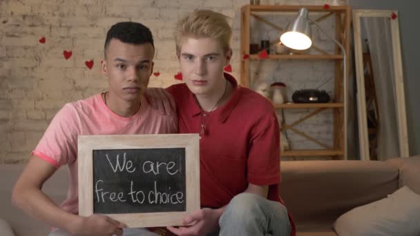 A sad international gay couple is sitting on the couch and holding a sign. We are free to choise. Home comfort on the background. 60 fps — Stock Video