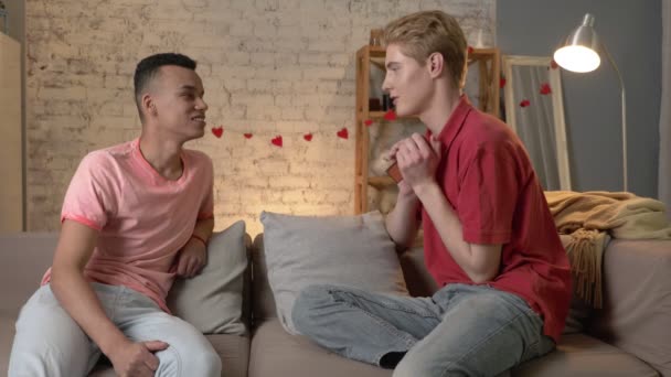 Couple of young multinational homosexuals sit on the couch, an American guy presents a a casket in the shape of a heart. Homeliness, gay, young LGBT family concept. 60 fps — Stock Video