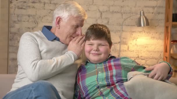 Il nonno sussurra all'orecchio di suo nipote uno strano segreto, pettegolezzo. Ragazzo grasso che ride, sorride. Comfort domestico, idillio familiare, concetto di comodità. 60 fps — Video Stock