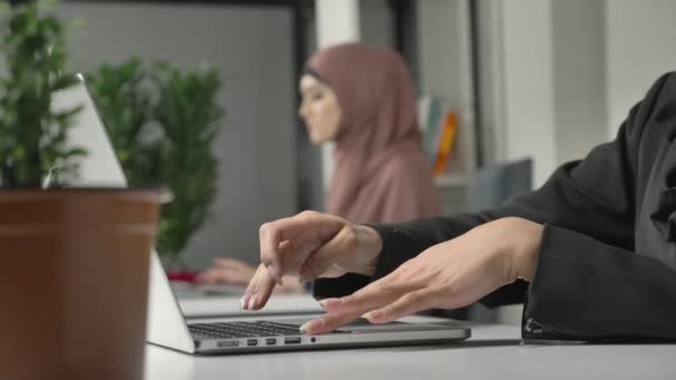 Mãos femininas digitando no teclado, close-up. Menina de hijab rosa no fundo. Escritório, negócios, trabalho, mulheres, conceito. Árabes, Islã, hijab, religião, foco puxar 60 fps — Vídeo de Stock