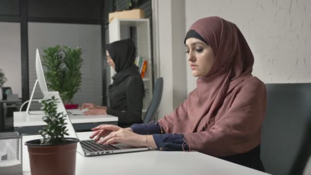 Två muslimska flickor i hijab arbete på kontoret, skriv på tangentbordet, titta på bildskärmen och titta på kameran i slutet. Kontor, affärer, arbete, kvinnor, koncept. 60 fps — Stockvideo