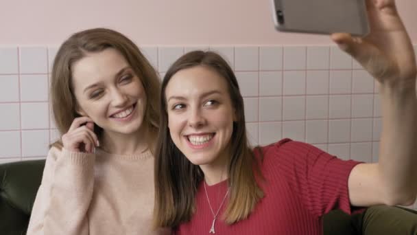 Dos chicas hermosas caucásicas jóvenes están sentadas en un café y haciendo selfies, riendo, sonriendo. Novias, amigas en el concepto de cafetería. 60 fps — Vídeos de Stock