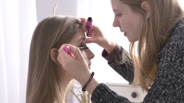 Makeup caucasian artist paints the eyes of beautiful young brunette woman close-up 50 fps — Stock Video