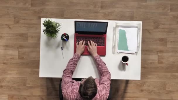 Draufsicht eines Büroangestellten, der an seinem Schreibtisch sitzt und auf einem roten Laptop tippt, Kaffeetasse, Stift, Pflanze, Grafik, Balkendiagramme auf dem Tisch 50 fps — Stockvideo