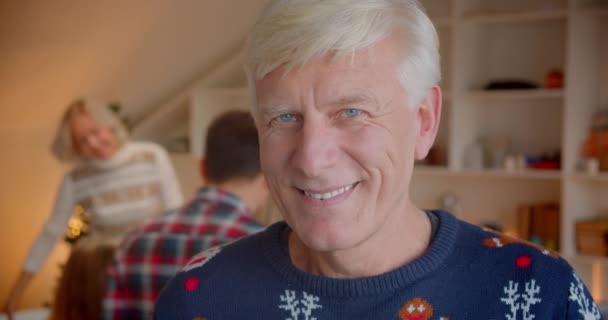 Portrait d'un homme âgé grand-père arbre de Noël nouvelle année cosiness — Video