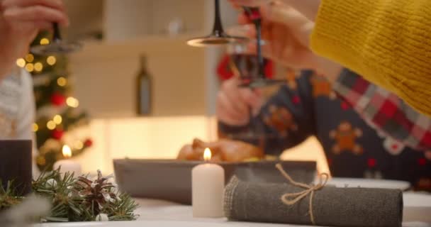Close-up wijn clink glazen diner oma familie avond kerstboom comfort voedsel — Stockvideo