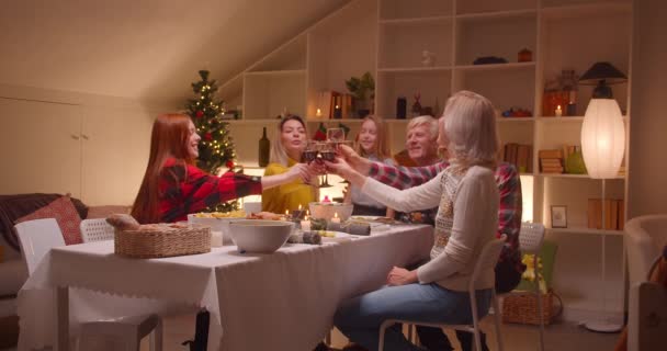 Big Caucasian family Christmas dinner wine clink glasses toast joy reunion different generations — Stock Video