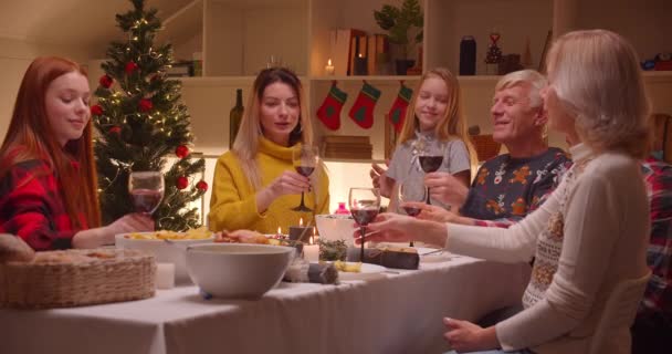 가족들 이 저녁 식사를 하는 자리에서 와인 토스트가 와인을 마시며 크리스마스를 축하 한다. — 비디오