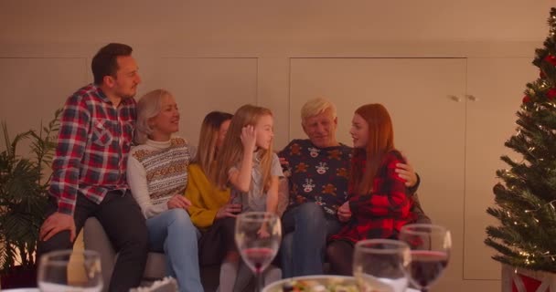 Big Caucasian rodzina Boże Narodzenie siedzi na kanapie wszyscy razem dialog zjazd komunikacji opowieści przytulność — Wideo stockowe
