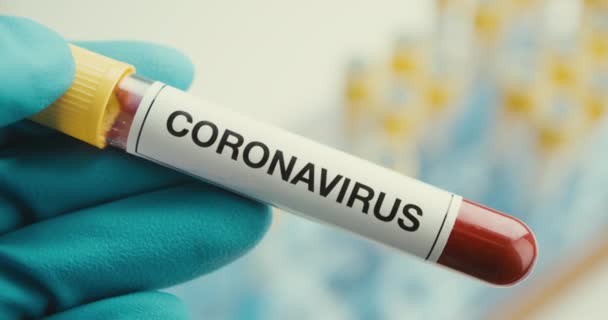 Közelkép tudós kezek kesztyű laboratóriumi kémcső védelem Coronavirus pozitív háttér — Stock videók