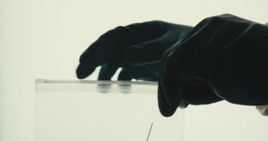 Yakın plan laboratuar çalışanı kullanılmış bir şırınga kanını selofan bir vakum torbasına koyuyor.