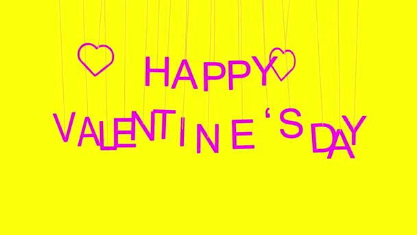 Animated Happy Valentine Day Text Pink Letters Hanging Threads Yellow — 图库视频影像