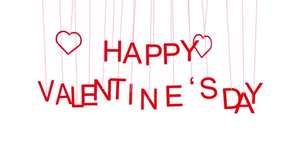 Animated Happy Valentine Day Text Red Letters Hanging Threads White — 图库视频影像