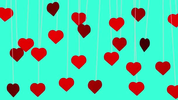 Animated Red Hearts Shapes Hanging Threads Turquoise Background — Stock Video