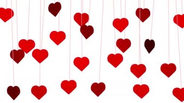 Animated red hearts shapes hanging from threads on white background