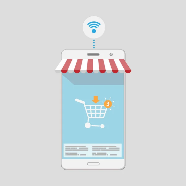 Mobilní nakupování na obrazovku smartphonu. Plochý design. — Stockový vektor