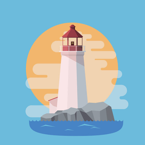 Lighthouse in the sea with sunset in the evening. Flat vector style.