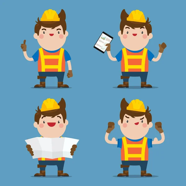 Cute Masculino Construction Worker Conjunto Ação Caráter Estilo Vetorial Plano — Vetor de Stock