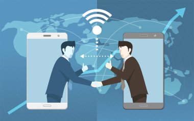 Online iş iletişim her iki işadamı dünya geniş iş kavramı, basit düz vektör stil için iyi bir anlaşma.