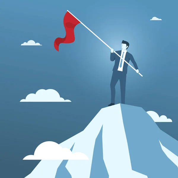 商人在山顶上悬挂红旗 商业成功或商业征服者的概念 — 图库矢量图片