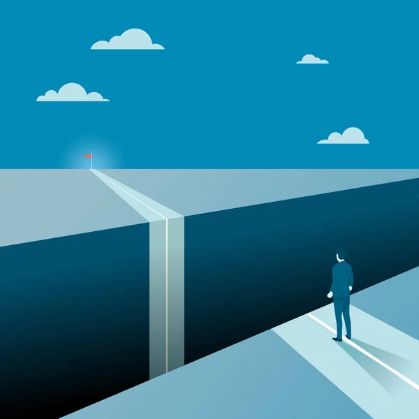 Onun hedef, büyük bir uçurum engellerle iş kavramı büyük bir boşluk bakan iş adamı. Düz vektör.