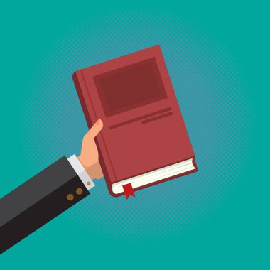 İşadamı onun elinde, iş Vakfı İncil izole yeşil arka planda bir kitap tut. Düz vektör.