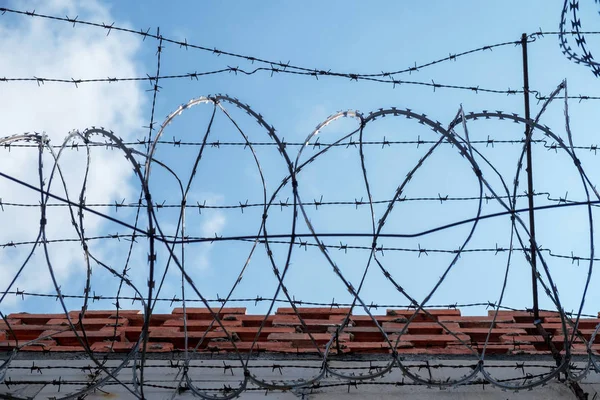 Schutzzaun mit scharfem Stacheldraht im blauen Himmel — Stockfoto