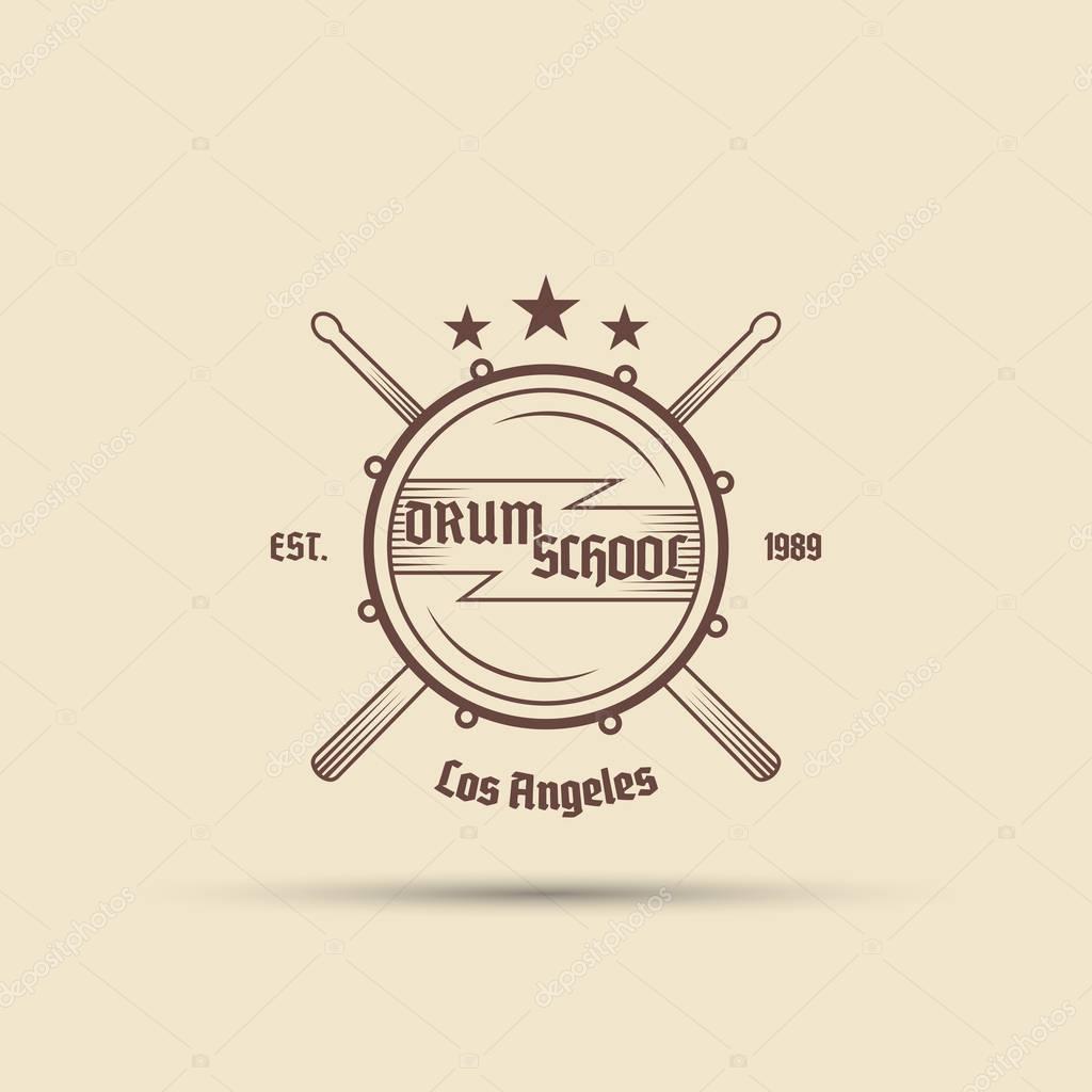 Drum with crossed drumsticks vector isolated label badge emblem logo with text for your drum school
