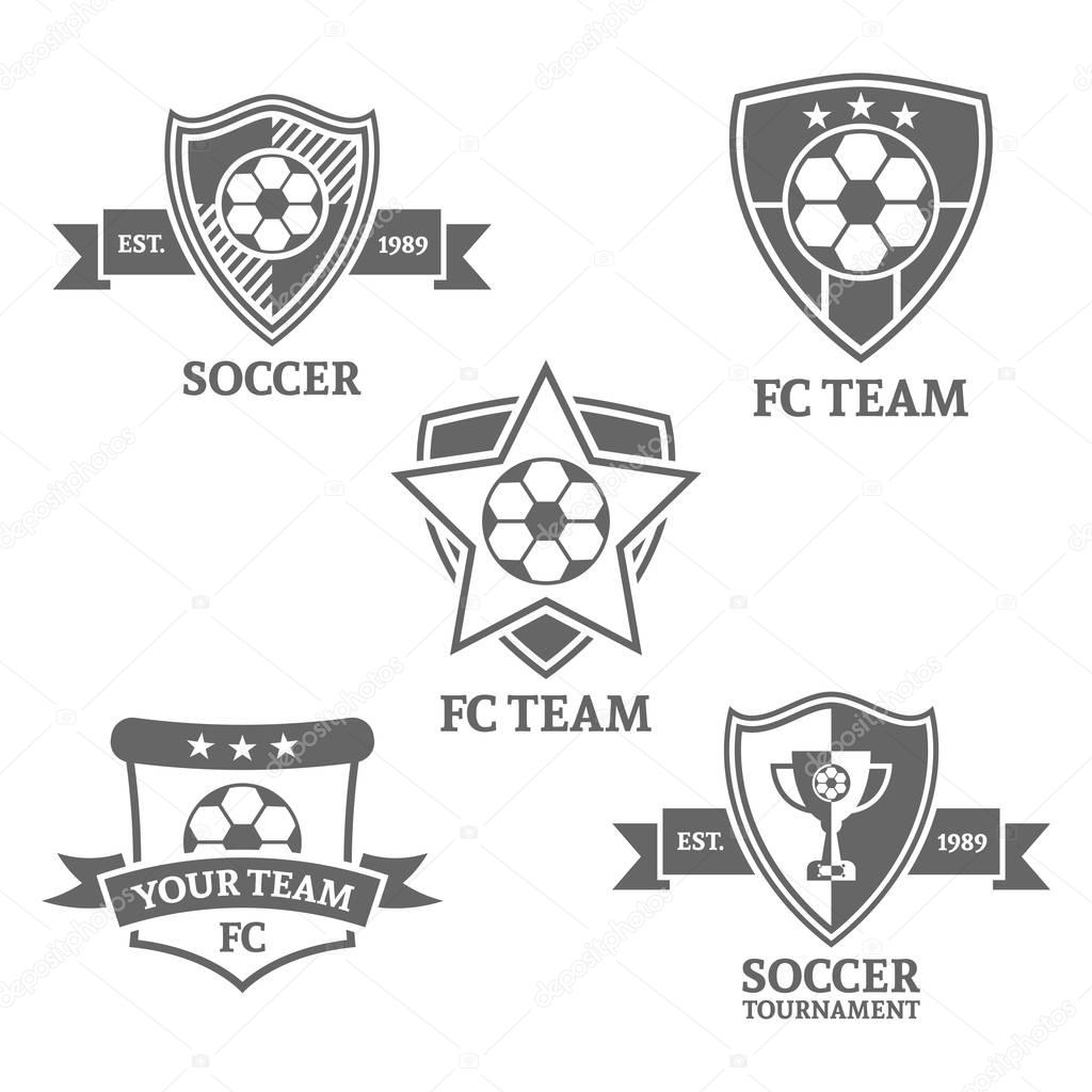 Set of monochrome vector emblems for soccer team on white backgr