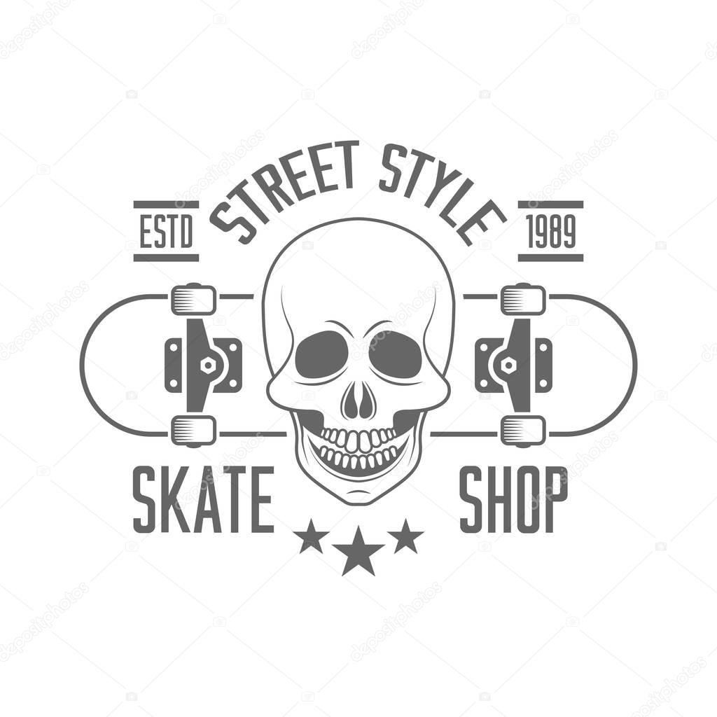 Skateboard and human skull isolated vector monochrom typographical emblem template for skate shop