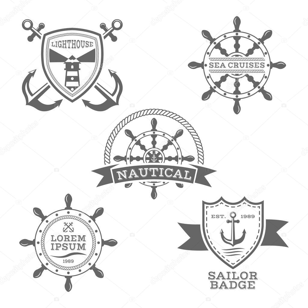 Set of monochrome vector nautical emblems on white background