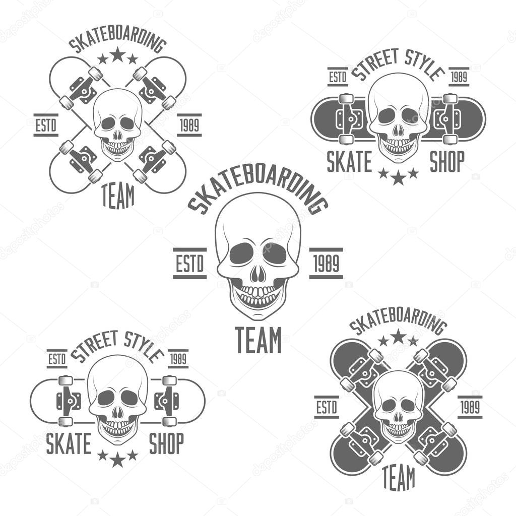 Monochrome skateboarding set labels isolated vector template on white background